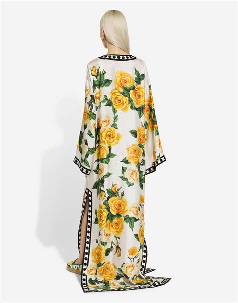 Silk caftan with kimono sleeves and yellow rose print.